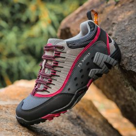 Outdoor Lover Trekking Shoes Men Waterproof Hiking Shoes Mountain Boots Genuine Leather Woodland Hunting Tactical Shoes - Grey rose red - 41