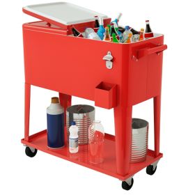 Outdoor Patio Party Rolling Steel Construction 80 Quart Bar Cooler - Red - Beverage Cooler Bar Table