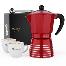 RAINBEAN Moka Pot 6 Cup Set, 11 oz / 300ml Stovetop Espresso Maker, Italian Cuban Greca Coffee, Aluminum Ripple Ring Design - Easy To Use & Clean (Red