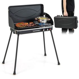 2-in-1 Gas Camping Grill and Stove with Detachable Legs - Black