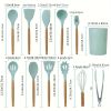 11Pcs Silicone Cooking Utensil Set Heat Resist Wooden Handle Silicone Spatula Turner Ladle Spaghetti Server Tongs - LightGreen