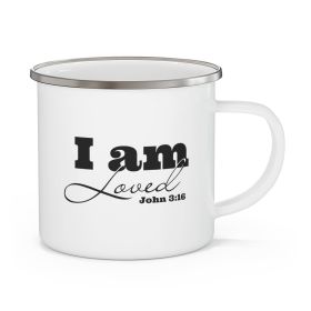 Enamel Camping Mug, i Am Loved - John 3:16 Black Illustration - 12oz