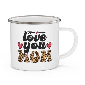 Enamel Camping Mug, Love You Mom Leopard Print Black Illustration - 12oz