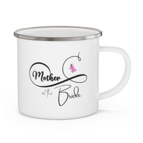 Enamel Camping Mug, Mother Of The Bride - Wedding Bridal Pink Butterfly Illustration - 12oz