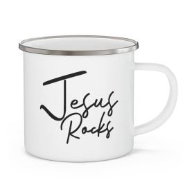 Enamel Camping Mug, Jesus Rocks - Christian Inspiration Affirmation - Black - 12oz