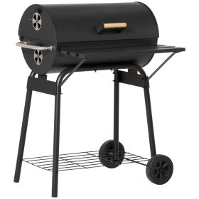 Outsunny 30" Portable Barrel Charcoal BBQ Grill, Steel Outdoor Barbecue Smoker with Storage Shelf, Wheels for Garden Camping Picnic, Black - as Pic