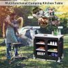 Portable Camping Kitchen Table with Storage Shelves - Black