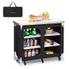 Portable Camping Kitchen Table with Storage Shelves - Black